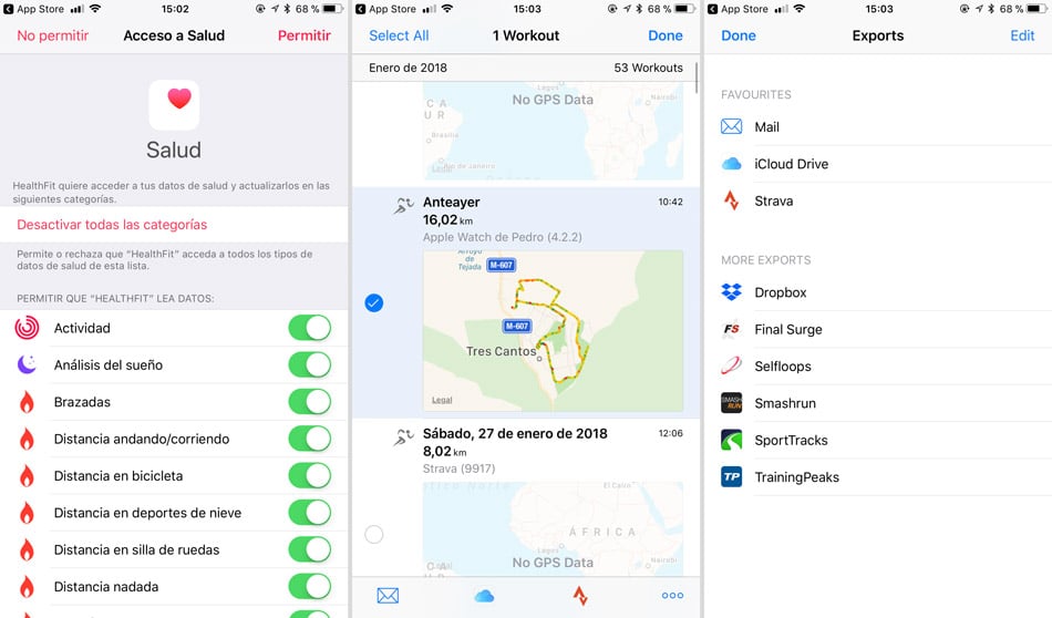 aplicación healthfit para exportar fit de apple watch