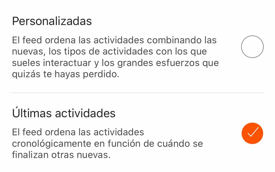 opciones de orden para el feed de strava